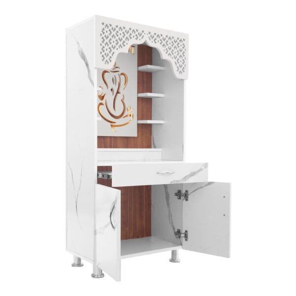 Buy White & Cyprus Puja Mandir Ganesha Design Mandir Engineered Wood Home Temple (Height: 130cm,Pre-Assembled) Online