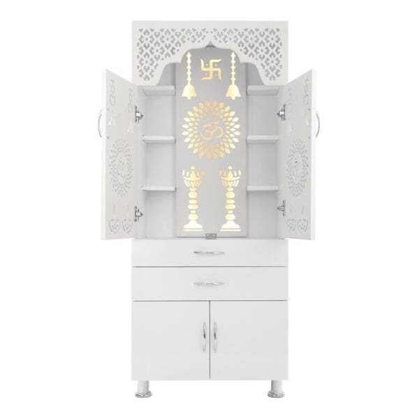 Buy Big Size Designer Wooden Temple With LED Light, Tray & Drawer Storage Engineered Wood Home Temple (Height: 145, Pre-assembled) Online