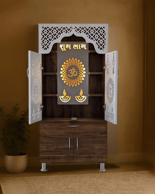 Buy Modern Shubh Labh Pooja Mandir With Decorative LED Light Engineered Wood Home Temple (Height: 130, Pre-assembled) - Image 4