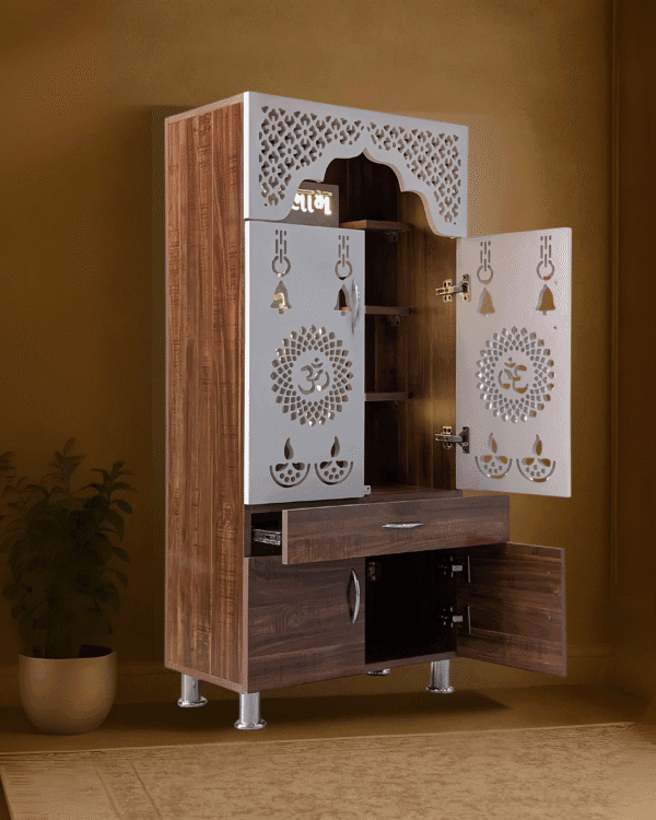 Buy Modern Shubh Labh Pooja Mandir With Decorative LED Light Engineered Wood Home Temple (Height: 130, Pre-assembled) - Image 3